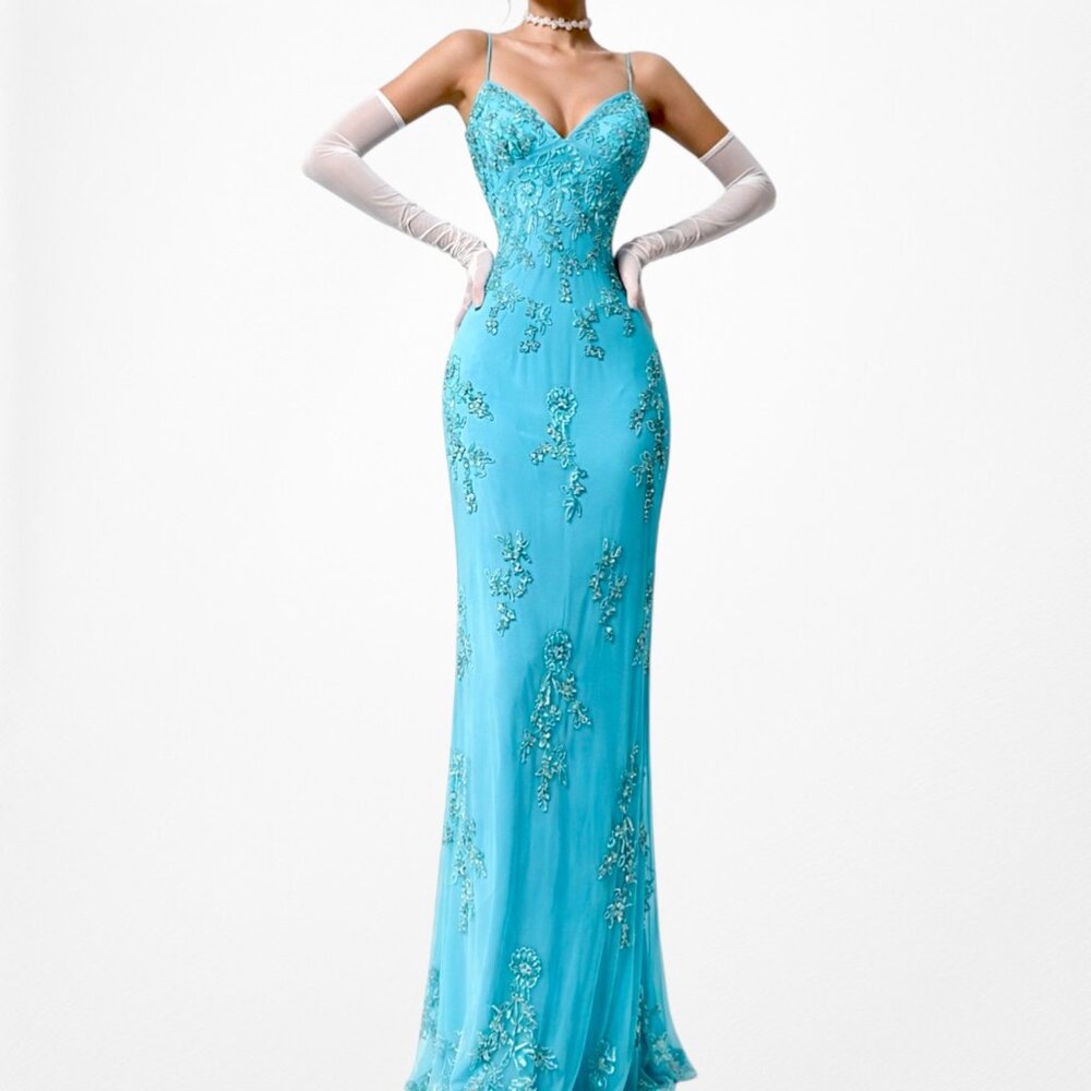 Vintage Y2K 90s Blue Floral Beaded Knit Bodycon Maxi Mesh Prom Dress Size S